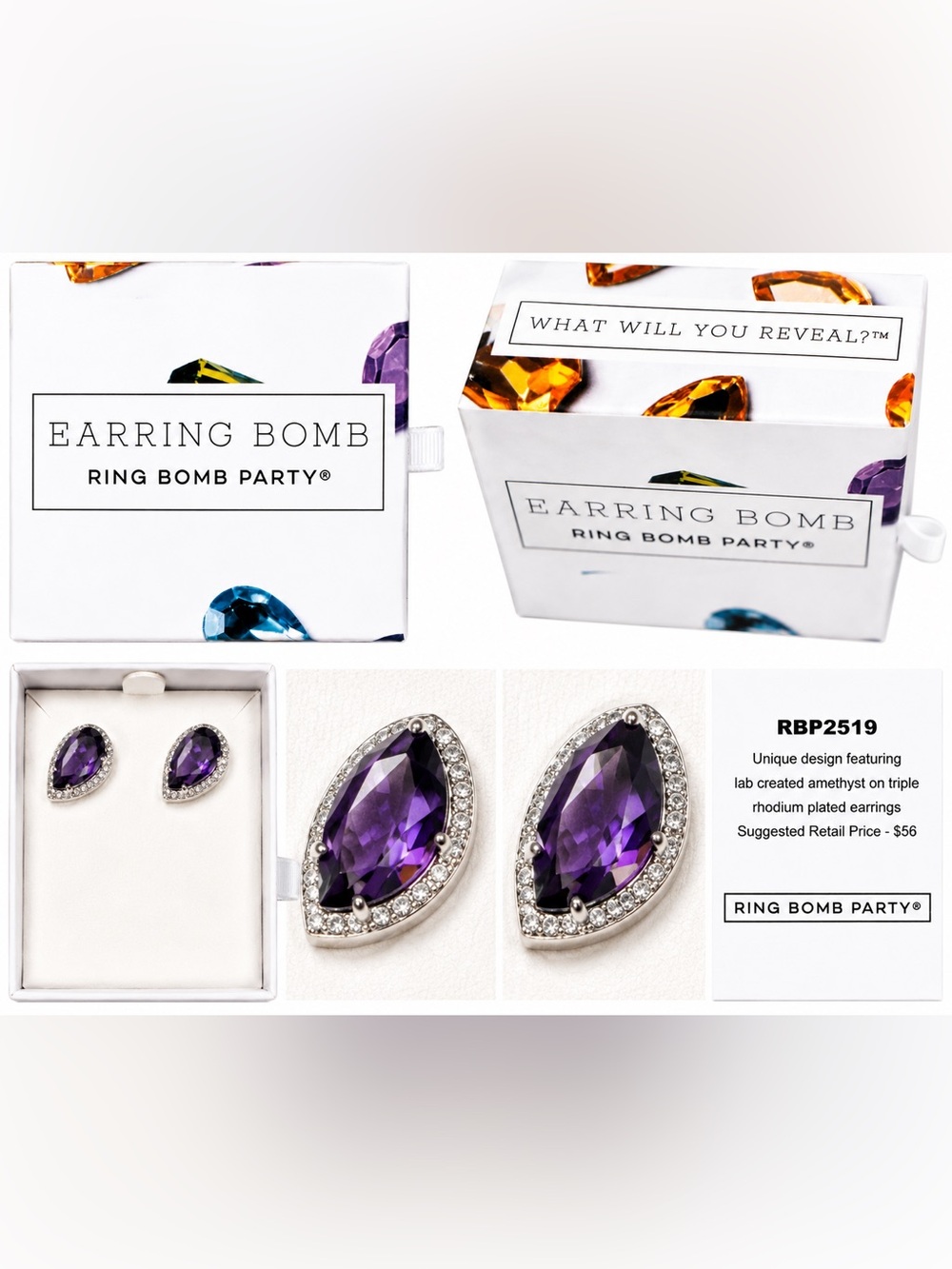 Ring Bomb Party RBP2519 Lab Created Amethyst Teardrop Halo Stud Earrings NIB